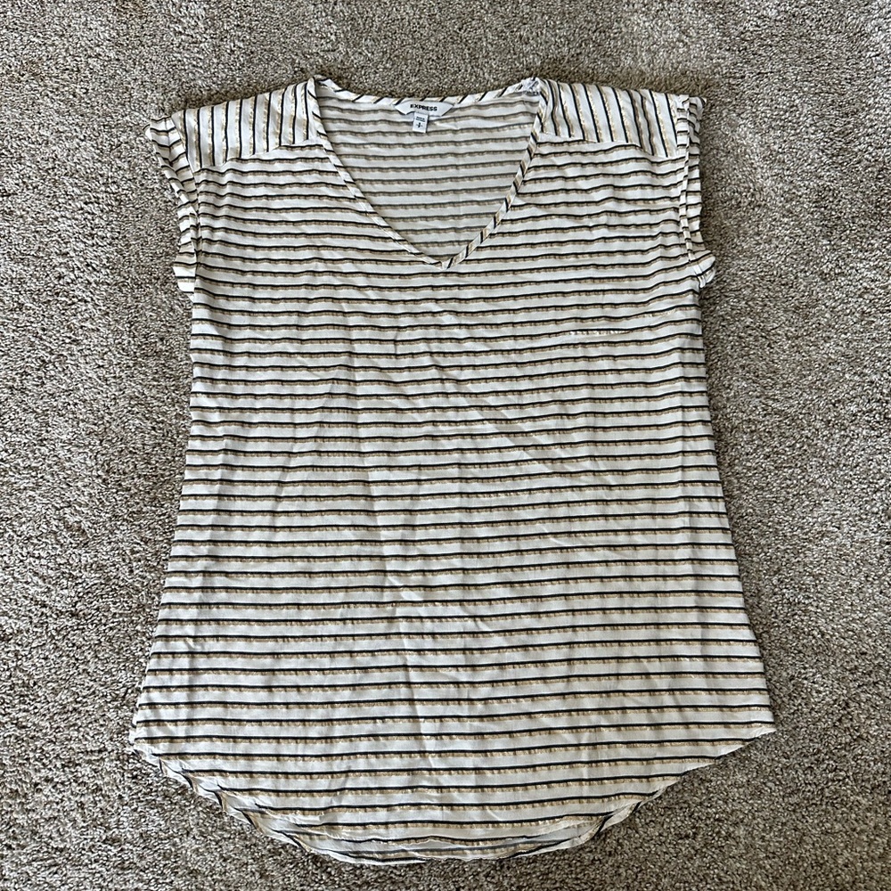 Express Metallic Gold, white and navy short sleeved dress top EUC